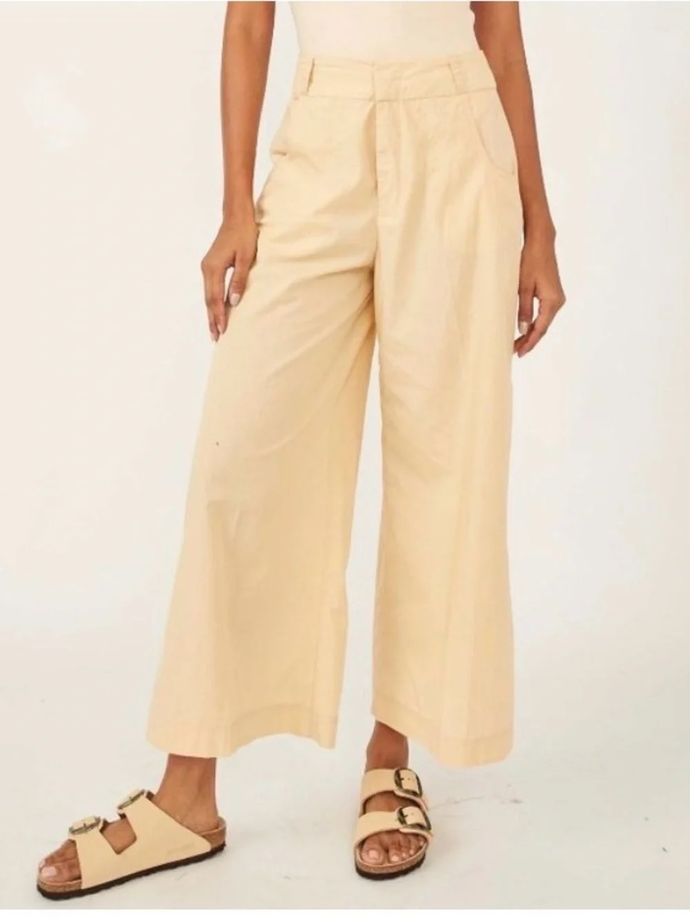 Free People Menorca Crop Wide Leg Cotton Pants Size 12 Pale Yellow